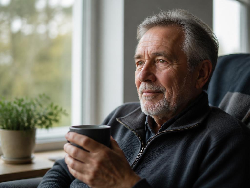 Calm senior man by a window holding a warm mug
