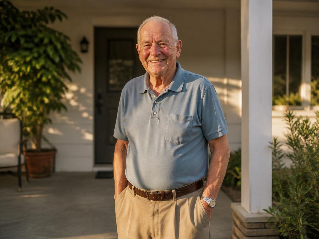 Senior man smiling warmly on a sunlit porch