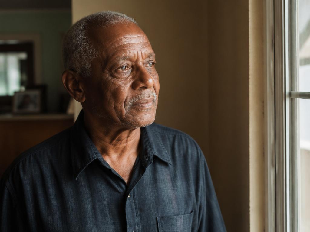 Thoughtful senior man standing near a sunlit window