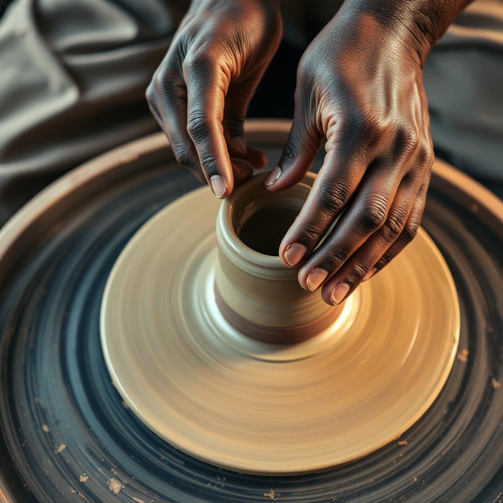 Hands shaping clay on a potter's wheel